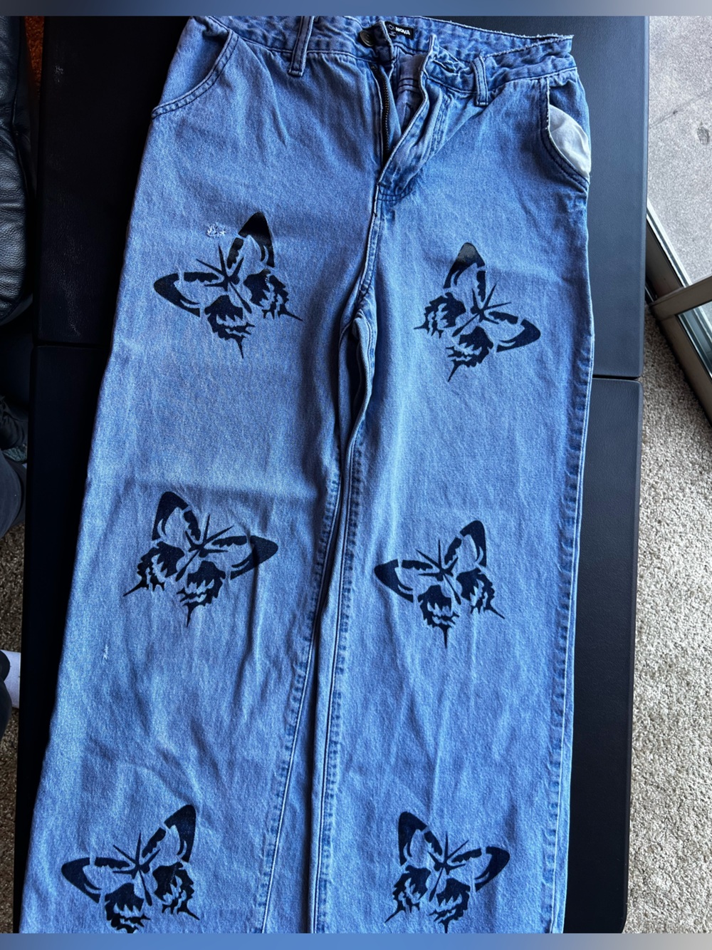 Fashion Nova Blue Denim Wide Leg Jeans with Black Butterfly Prints